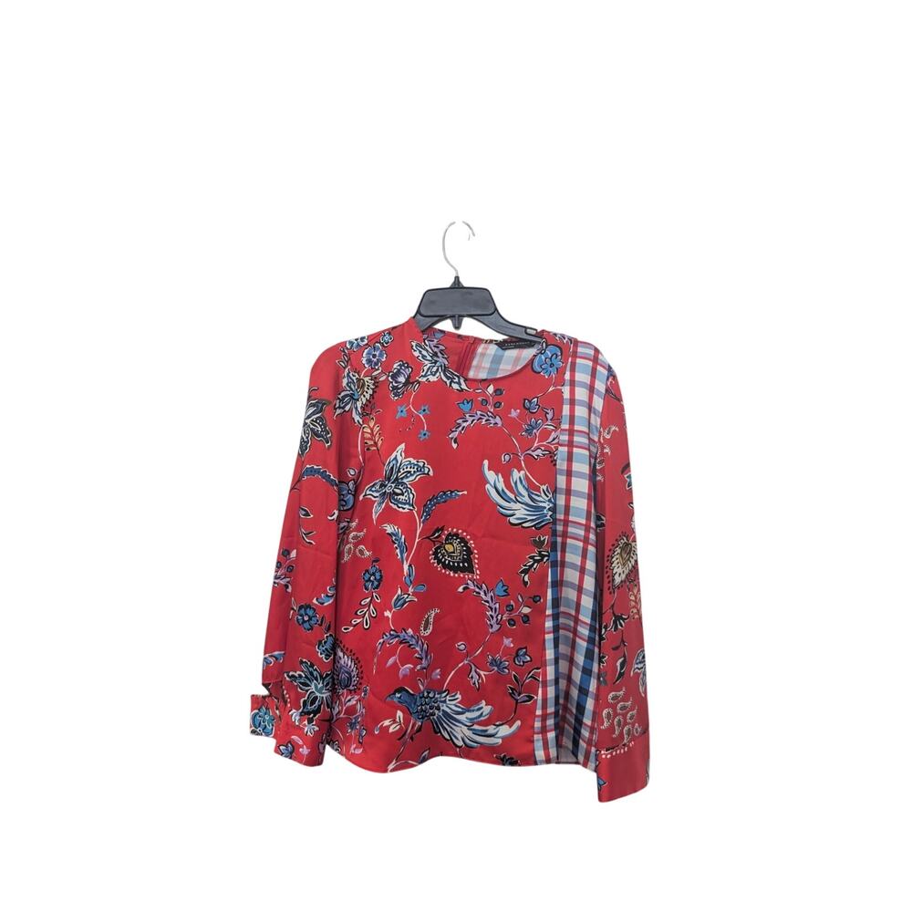 Zara Plaid & Floral Blouse – Size Medium – 3/4 Sleeve – Unique Print
